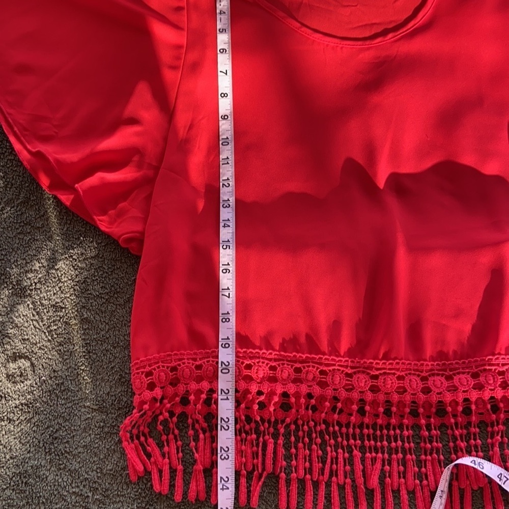 3/$20 Blue Sketch Red Fringe Top Flutter Sleeve Boho 4.5” Trim Fairycore Whimsy - Picture 9 of 11